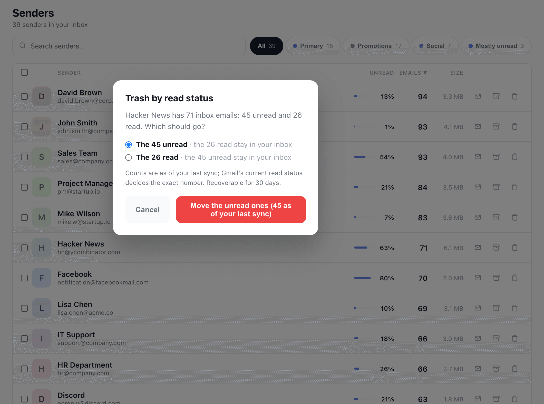 Gmailytics Senders tab with sample data and the Trash by read status dialog open for Hacker News: 71 inbox emails, 45 unread and 26 read, with a choice to move only the unread or only the read ones to Trash